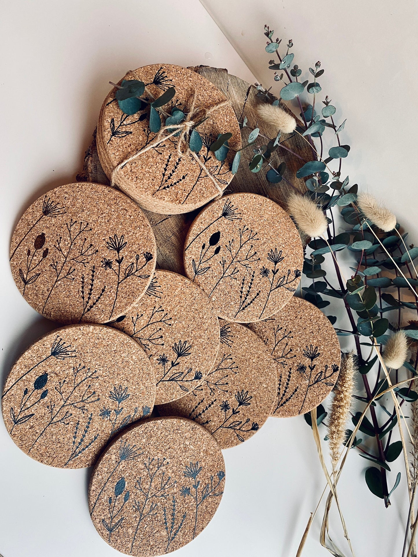 Glasuntersetzer Kork mit Wild-Blumen, Boho