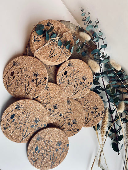 Glasuntersetzer Kork mit Wild-Blumen, Boho