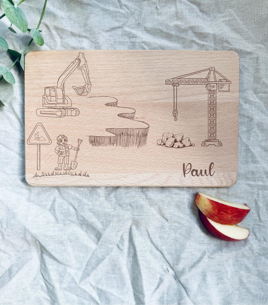 Personalisiertes Frühstücksbrett Baustelle für kleine Bauarbeiter