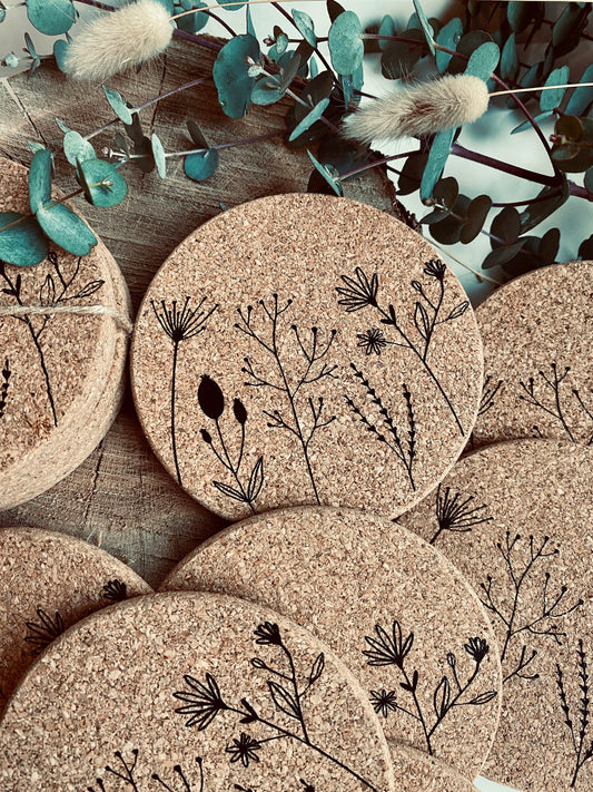 Glasuntersetzer Kork mit Wild-Blumen, Boho