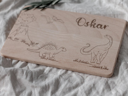 Personalisiertes Dino-Frühstücksbrettchen aus Buchenholz | Geschenk für Kinder