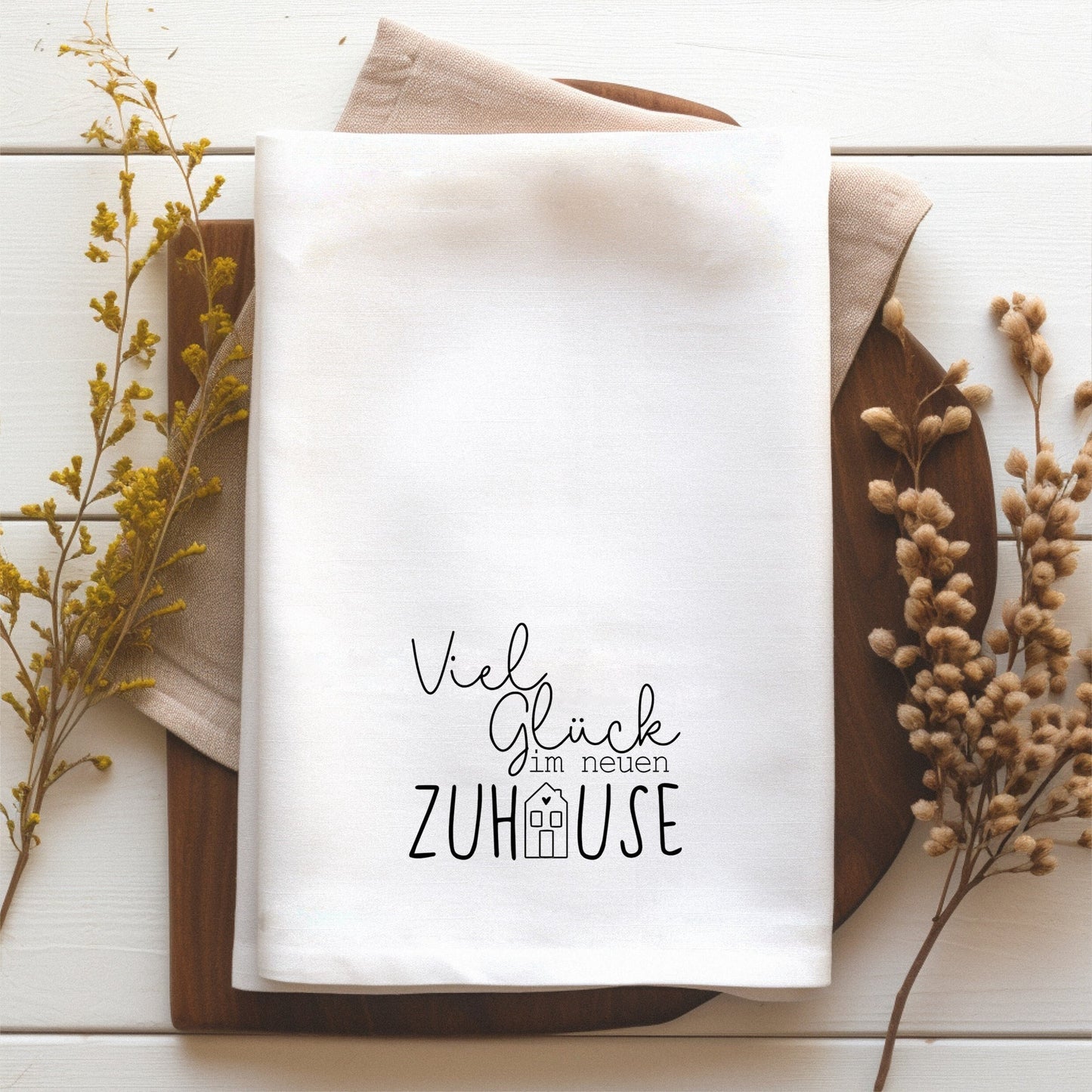 Geschirrtuch „Viel Glück im neuen Zuhause“ – perfektes Einzugsgeschenk mit Stil