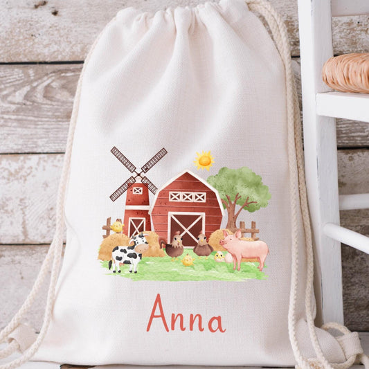 Kita beutel für die Wechselkleidung mit Bauernhof print