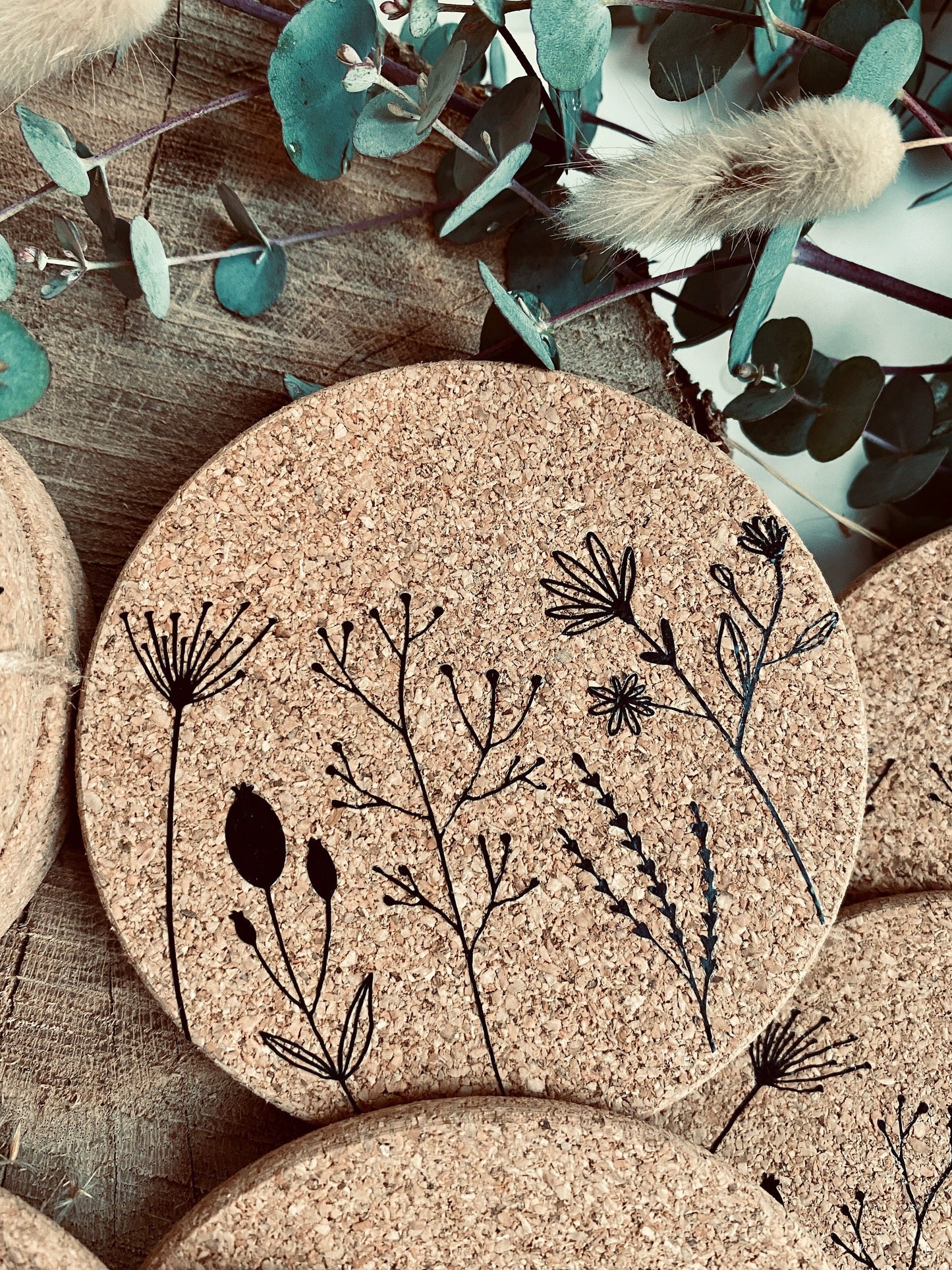 Glasuntersetzer Kork mit Wild-Blumen, Boho