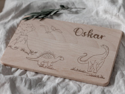 Personalisiertes Dino-Frühstücksbrettchen aus Buchenholz | Geschenk für Kinder