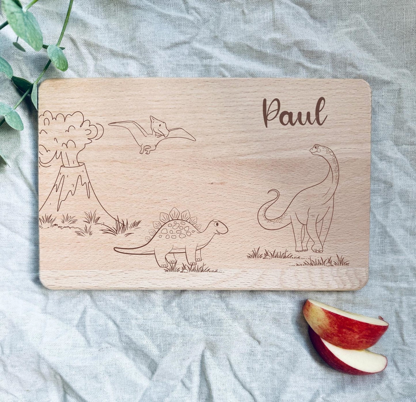 Personalisiertes Dino-Frühstücksbrettchen aus Buchenholz | Geschenk für Kinder
