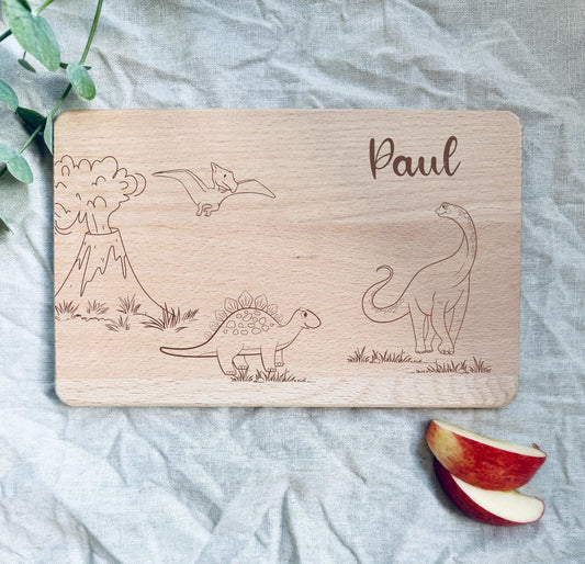 Personalisiertes Dino-Frühstücksbrettchen aus Buchenholz | Geschenk für Kinder